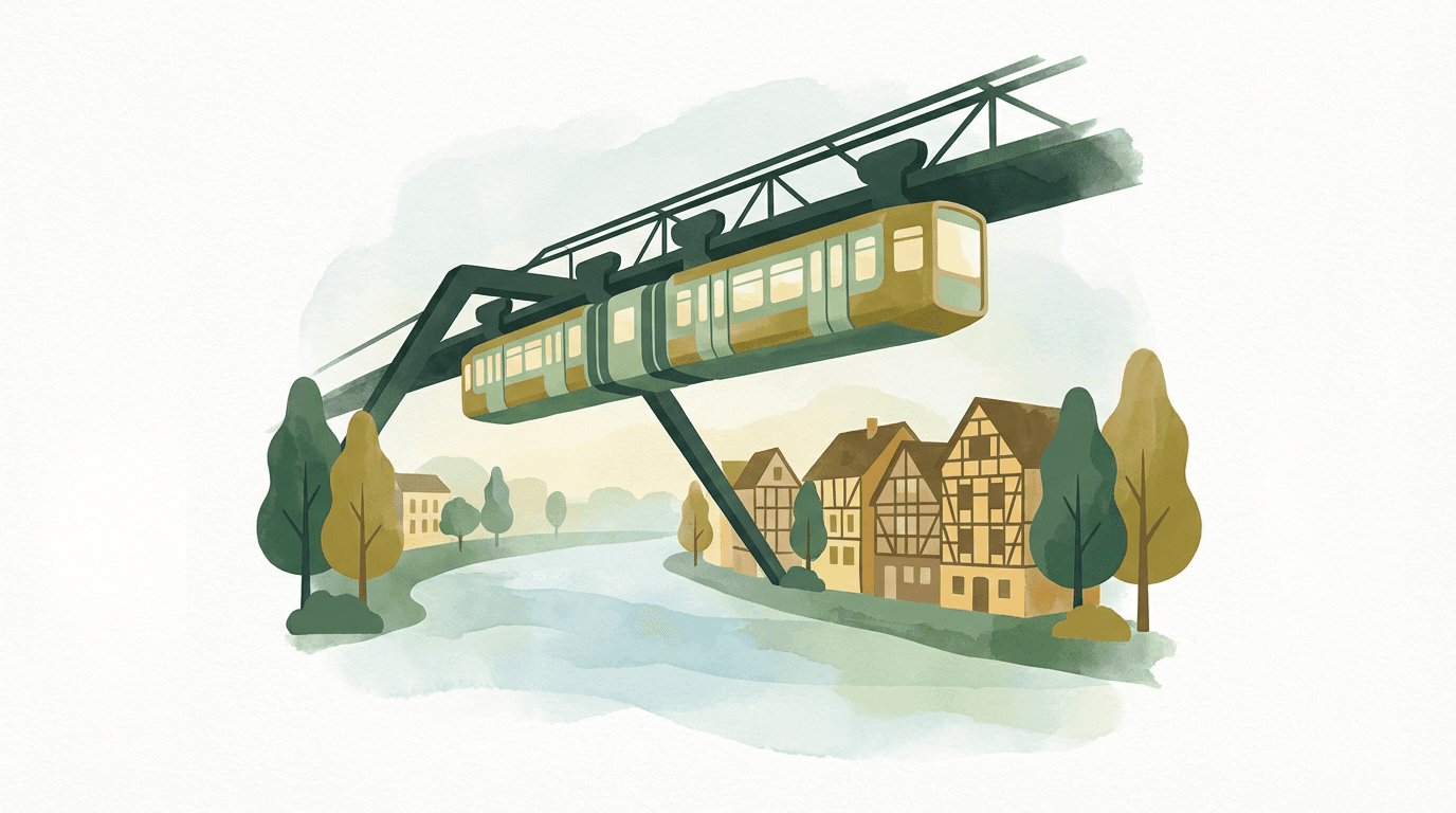 Illustration der Wuppertaler Schwebebahn, die in sanften Waldgrün- und Goldtönen über der Wupper gleitet
