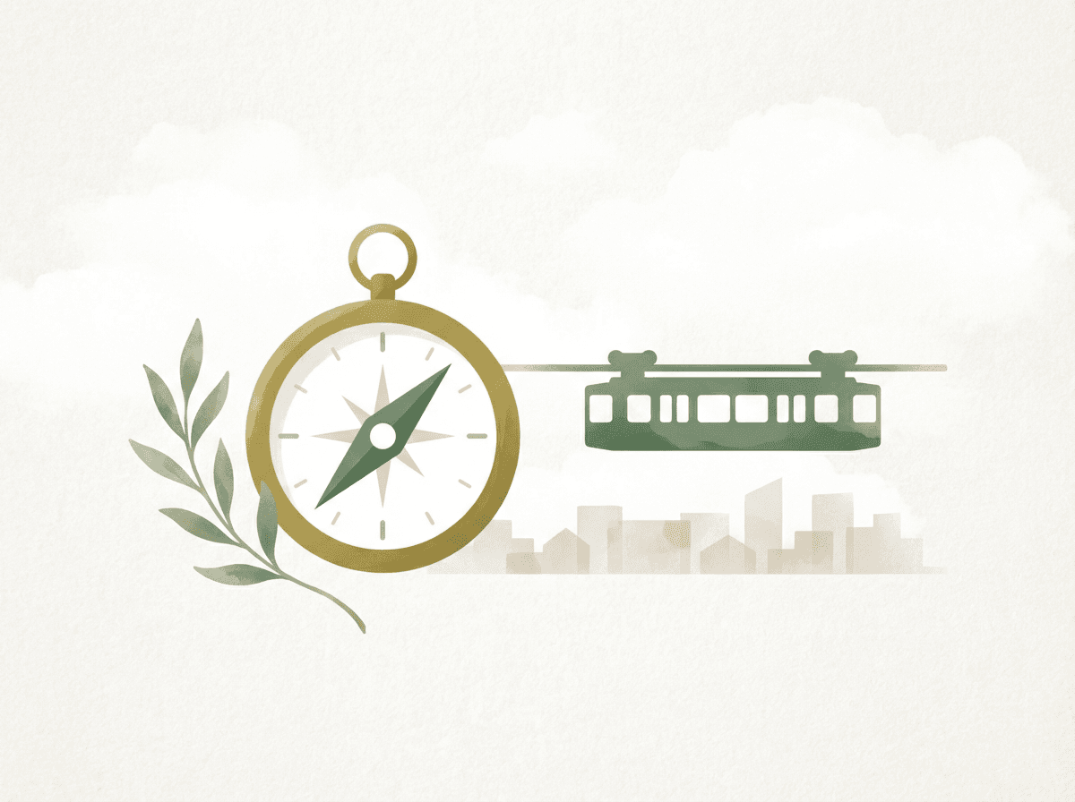 Illustration eines Kompasses mit der Wuppertaler Schwebebahn im Hintergrund